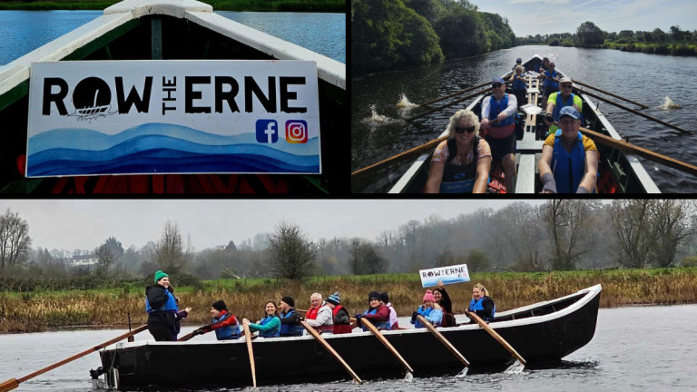 Row the Erne currach rowing club collage featuring community members rowing on Lough Erne, promoting heritage and social connection in Enniskillen.